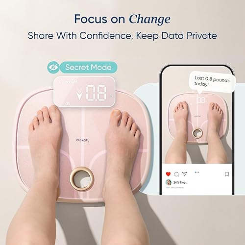 Miniatura 5 de Etekcity Báscula inteligente rosa recargable para peso corporal, IMC, grasa, masa muscular, báscula de baño digital con 13 métricas, modo secreto,