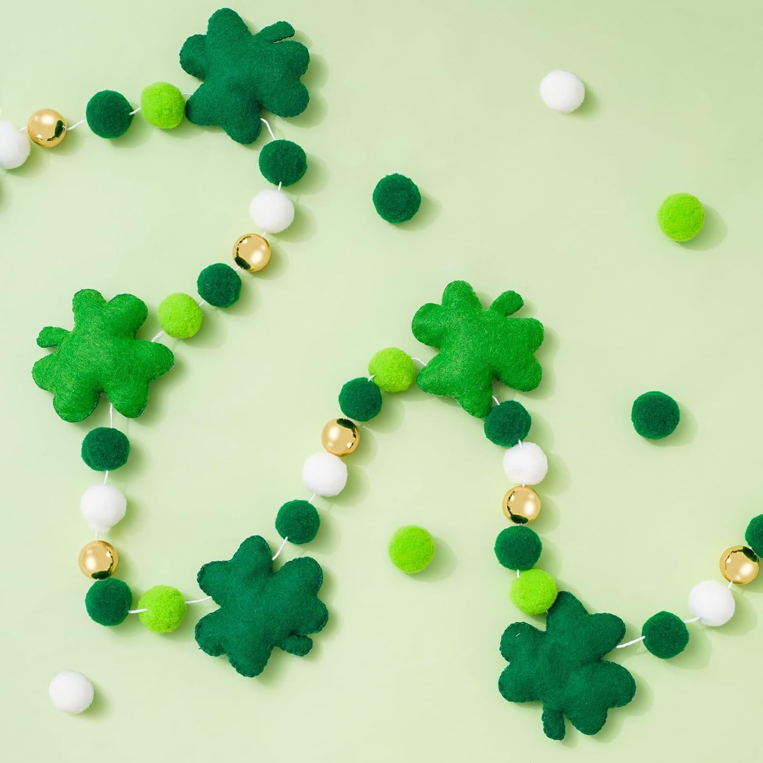 Whaline 8.2 Ft St. Patrick's Day Felt Banner 3D Lucky Shamrock Clover with Gold Bead Hanging Garland Green White Pom Ball Banner for Irish Holiday Home Wall Fireplace Decor