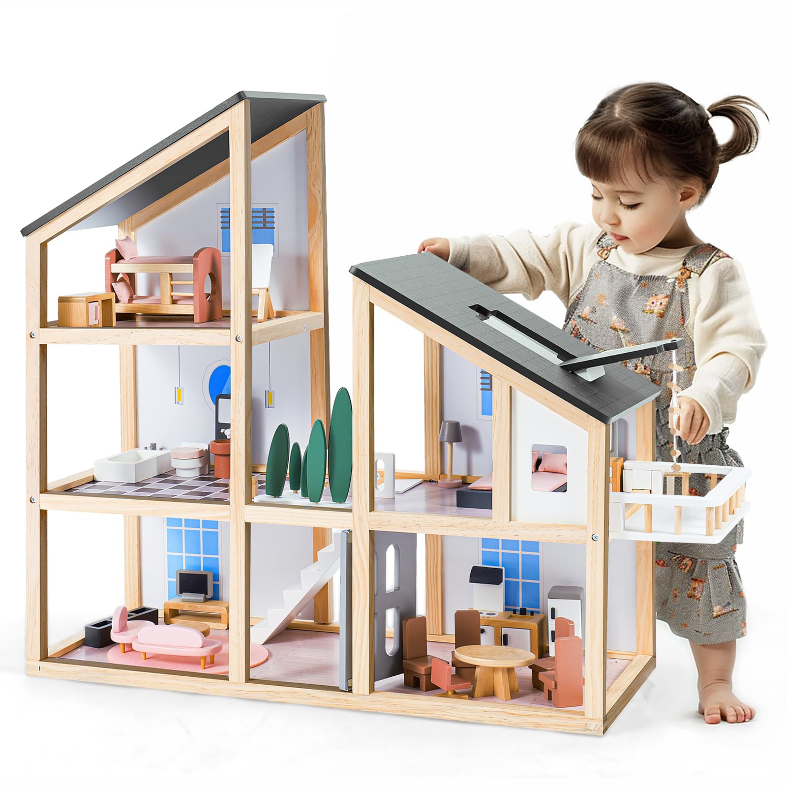 Joylike Large Wooden Doll House for Kids Ages 3+, Sturdy Modern Family Dollhouse Kit with Realistic Furniture Design, Educational Wooden Toy House for Toddlers Early Learning & Creative Play