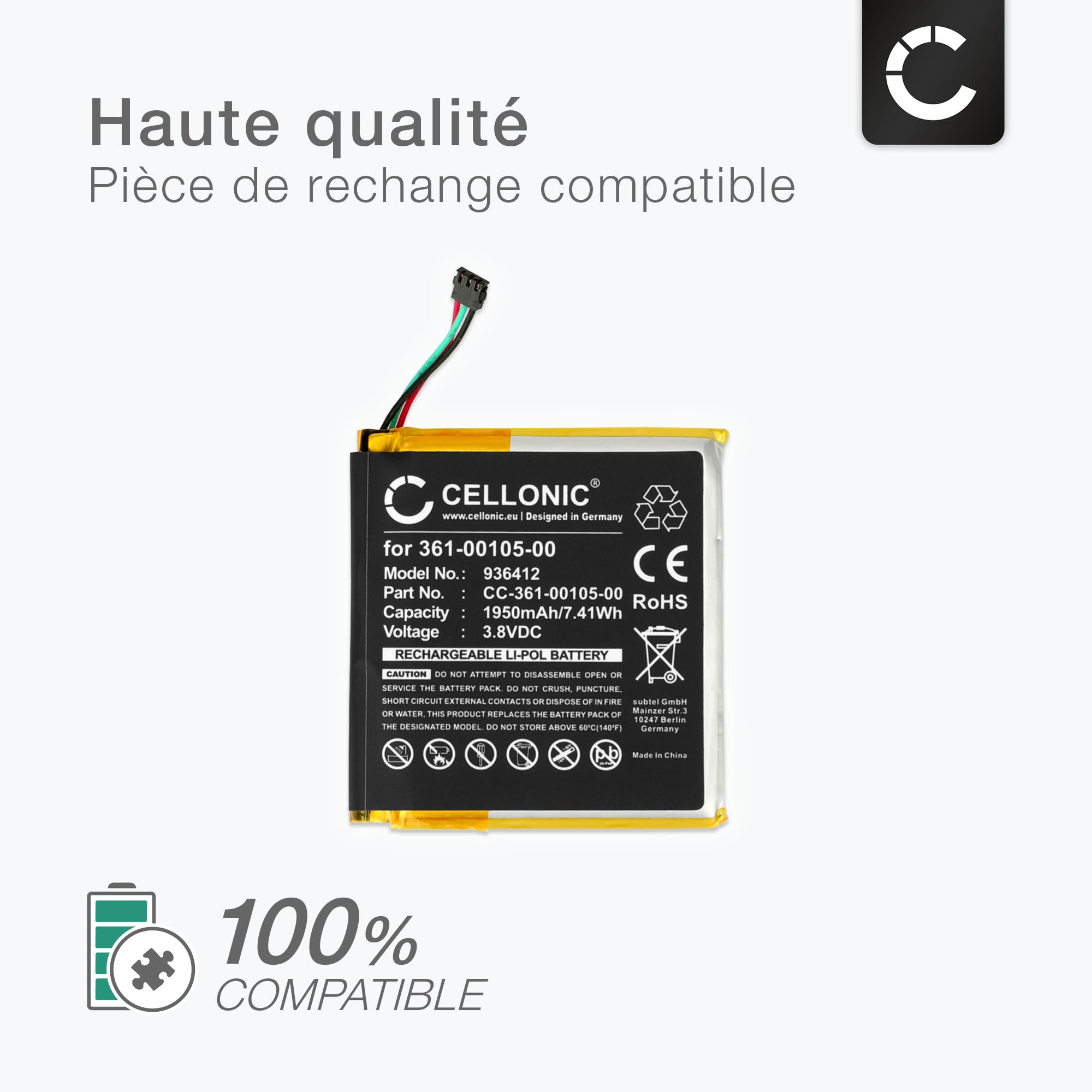 CELLONIC 1x Batterie Compatible avec Garmin Edge 1030, Plus | 1x, (1950mAh, 3.8V, Lithium Polymère), GPS / Navigation Batterie