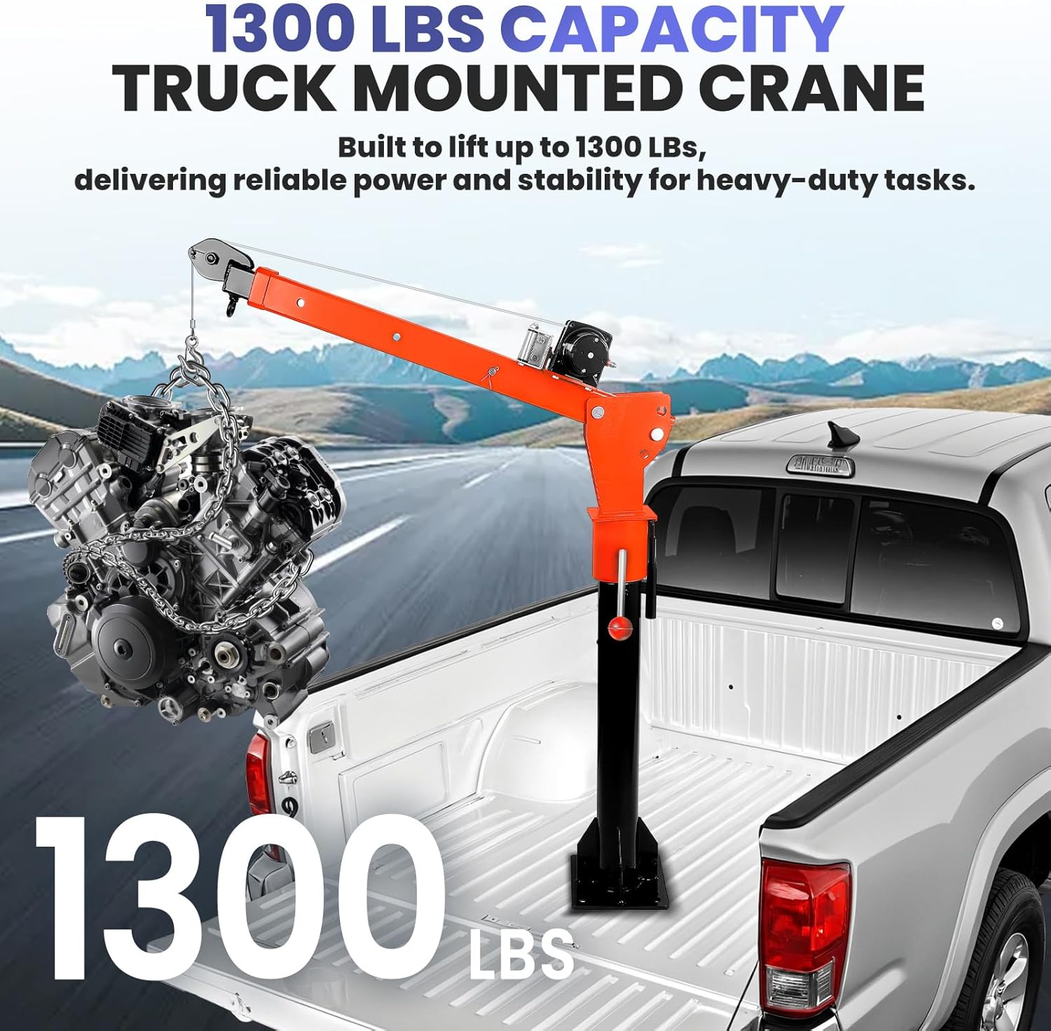 Electric Pickup Truck Jib Crane, 1300lbs Load Capacity, Industrial Folding Hoist Truck Crane with Electric Winch 2200 Lbs, 360° Swivel for Truck Crane in Construction, Factory (2200LBS)