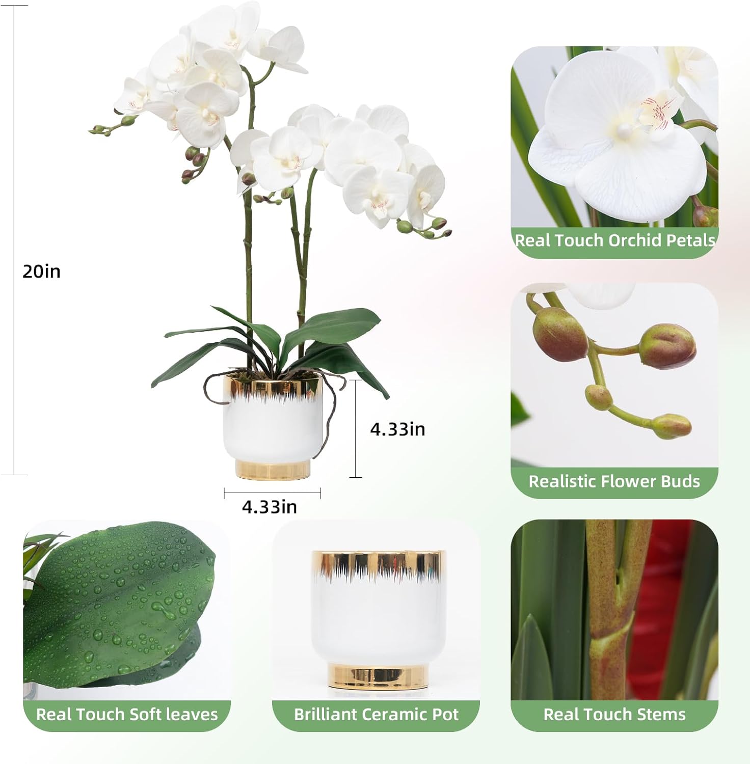 CXGS Orchids Artificial Flowers Real Touch Fake Flowers in Ceramic Pot 20" White Faux Orchid Plant Lifelike Silk Phalaenopsis for Centerpiece Hotel Home Indoor Decor - Image 2