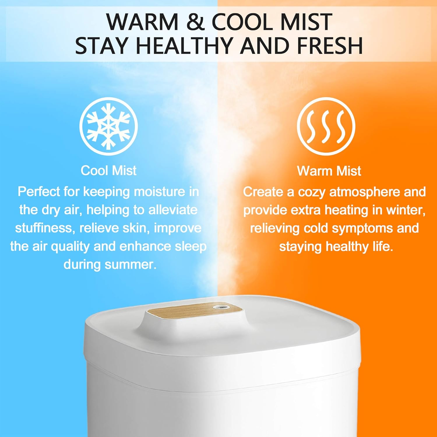 Cool Mist Humidifier, 4L Humidifiers for Bedroom, Small Air Humidifiers with Adjustable Mist Output, Top Fill Warm Mist Humidifiers for Plants Large Room Baby with Auto Shut-off, 24 Hours, LED Display