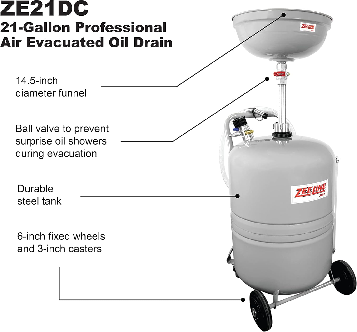 ZEELINE BY MILTON Air Evacuated Oil Drain, 21-Gallon, Professional Grade Funnel, Integrated Level Gauge (ZE21DC)
