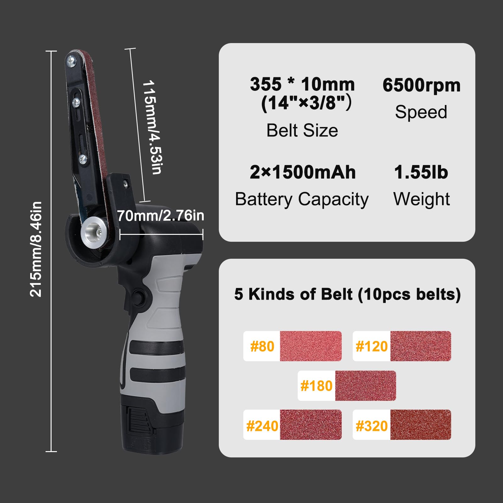 Geevorks Mini lijadora de banda eléctrica, amoladora angular, máquina de cinta de arena, lijadora de cinta, pulidora de banda con velocidad variable de 6500 RPM y 10 correas de lijado para madera,