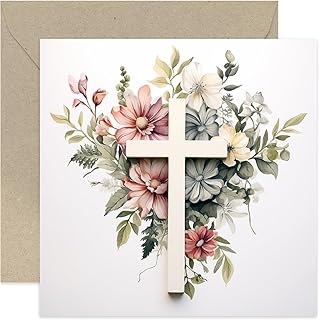 Old English Co. Religious Cross Flower Crucifix Card - Card for Thinking of You, Sympathy, Easter, First Communion, Christening, Baptism, Christening - Foliage Artwork Religious Faith Card