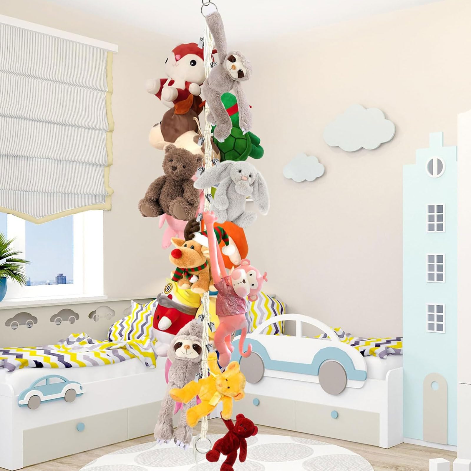 Mezrkuwr Soporte colgante para juguetes de peluche con 20 pinzas de metal, cadena organizadora de peluche, decoración para habitación infantil, para colgar sombreros, calcetines, tarjetas de Navidad