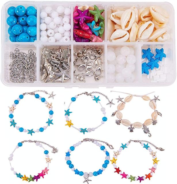 SUNNYCLUE 1 Box DIY 6Set Spiral Shell Beads Beach Charm Ankle Bracelet Making Starter Kit Summer Sandal Anklets Adjustable Foot Chain Jewellery Making Supplies Craft Set, Instruction