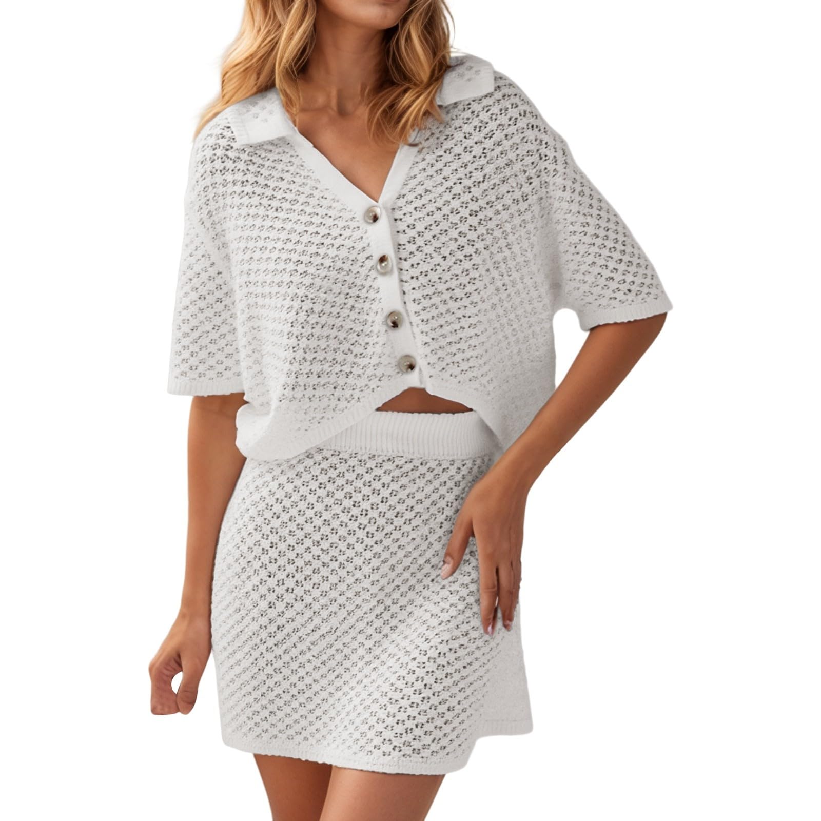 Kurzärmliges Strickrock-Set für Damen, stilvoll und bequem