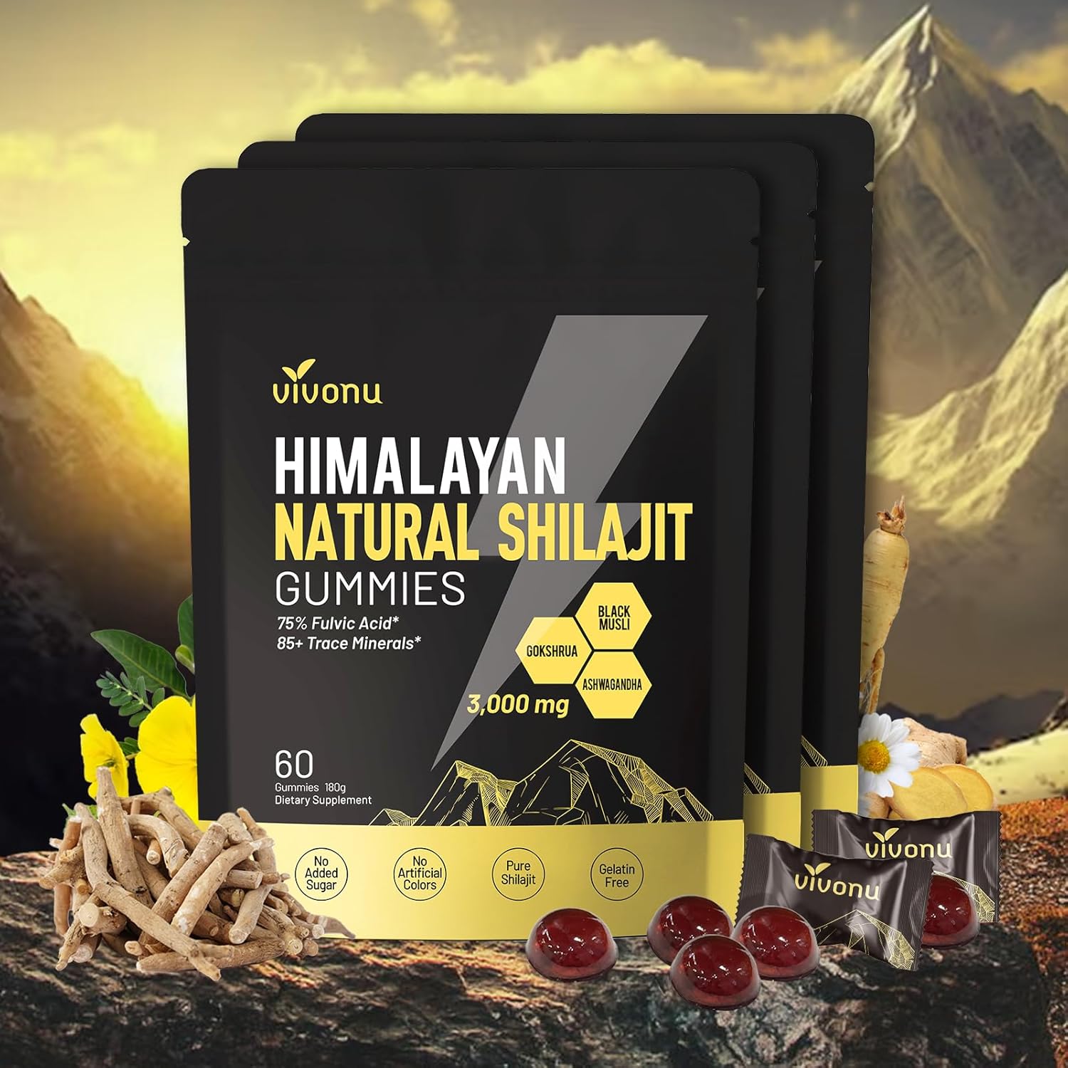 VivoNu Shilajit* Gummies,Pure Himalayan* micronutrient Supplement, Himalayan Premium Ingredient with Shilajit, Ashwagandha, Gokshura, Fulvic Acid & 85+ Trace Minerals I for Men & Women (3000MG/3 Bag)