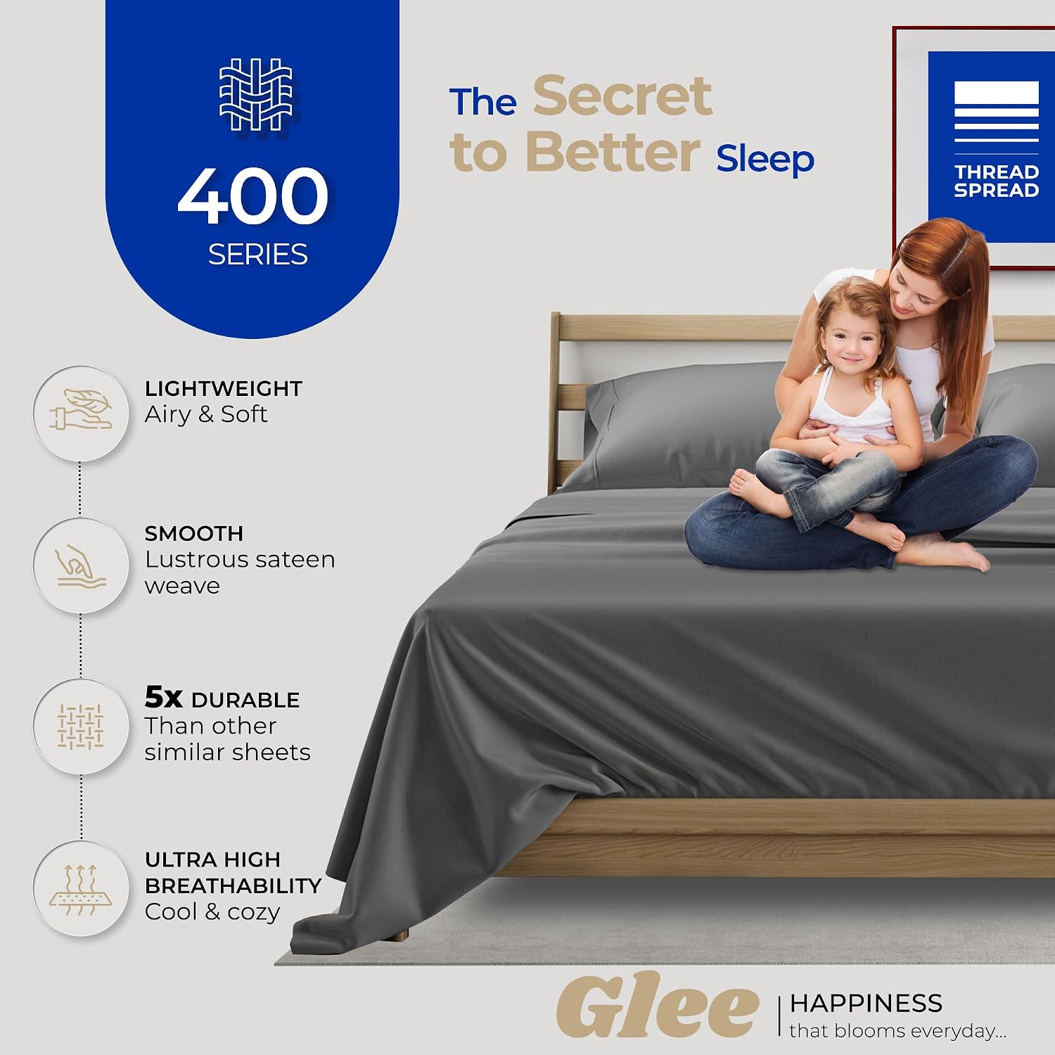 THREAD SPREAD Egyptian Cotton Sheets Twin Size Pack of 2 - Luxury 400 Thread Count 100% Cotton Twin Sheets Set (6 PC, Dark Grey), Soft, Cooling & Breathable Sateen Weave 16" Deep Pocket Bed Sheet Set image 4