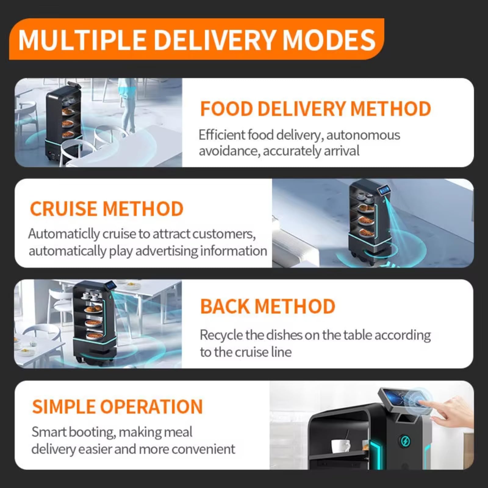 Robot de servicio para restaurantes y hoteles - Entrega autónoma de alimentos, camarero inteligente con navegación interior, prevención de obstáculos y servicio de comidas sin contacto