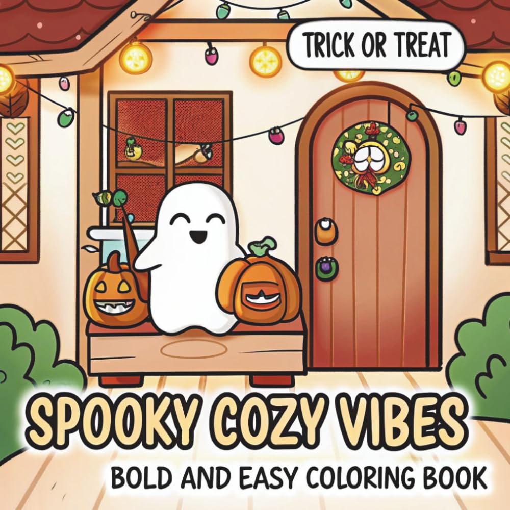 Spooky Cozy Vibes: Cute & Simple Coloring Book for Adults and Teens Featuring Adorable Characters, Creepy Creatures, and Cozy Hygge Scenes for Relaxation