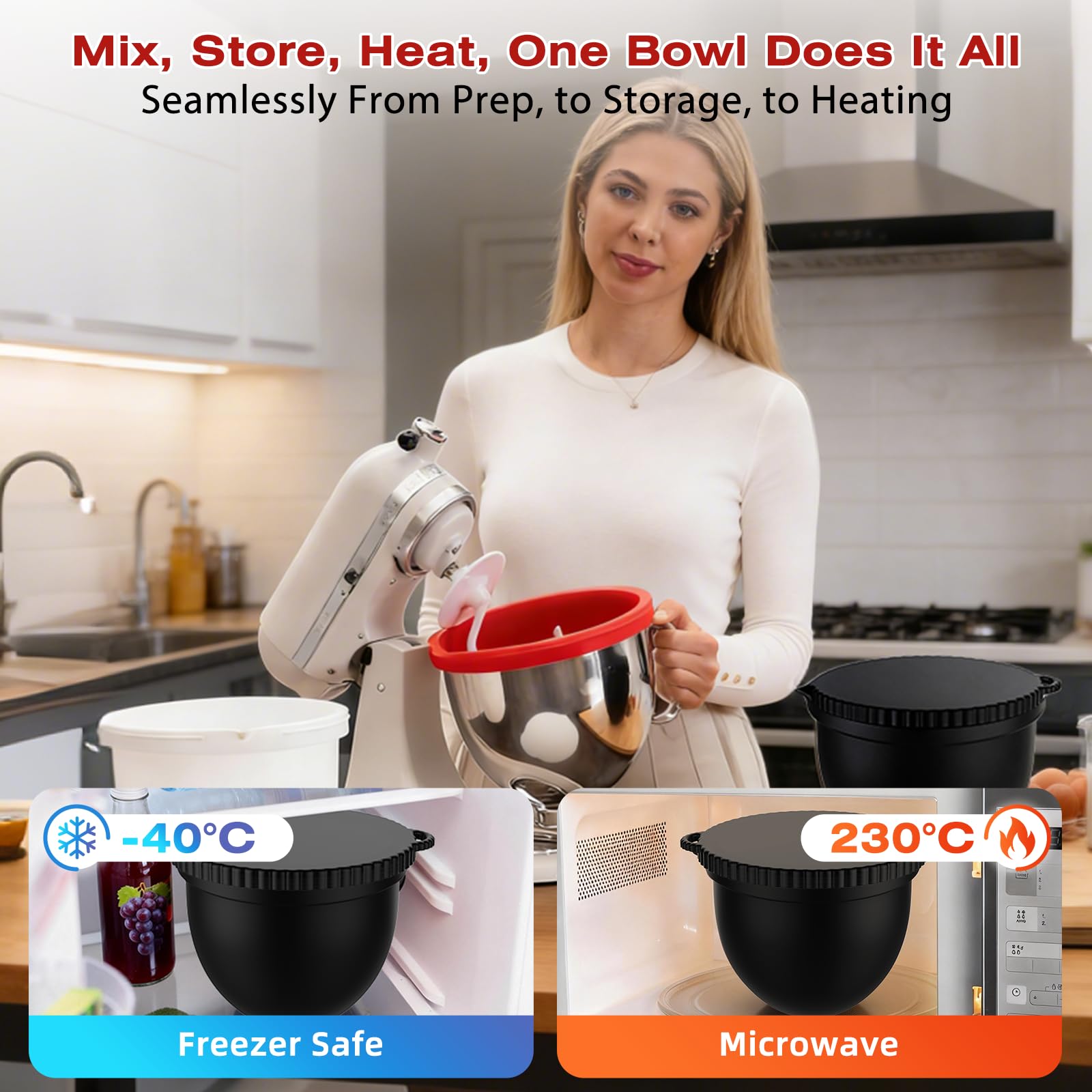 3 Forros de Silicona para Batidora, Compatibles con Kitchenaid Accesorios, Bol de 5 Qt con Tapa, Insertos de Silicona para Batidora, Antidesplome Reforzado, Apilables, para Hornear/Cocinar