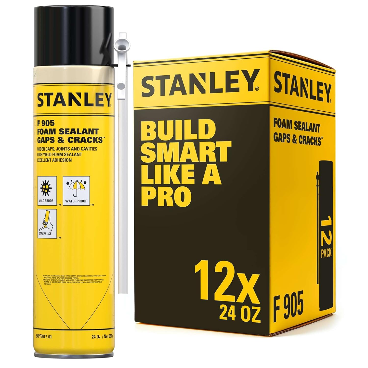 Stanley F905 Gaps & Cracks Expanding Foam Sealant (12x24 Oz.) – High Yield Polyurethane Spray Foam Insulation for Wide Gaps and Cracks & Cavities | Indoor & Outdoor Use | Straw Use | 24 Oz. 12 Pack