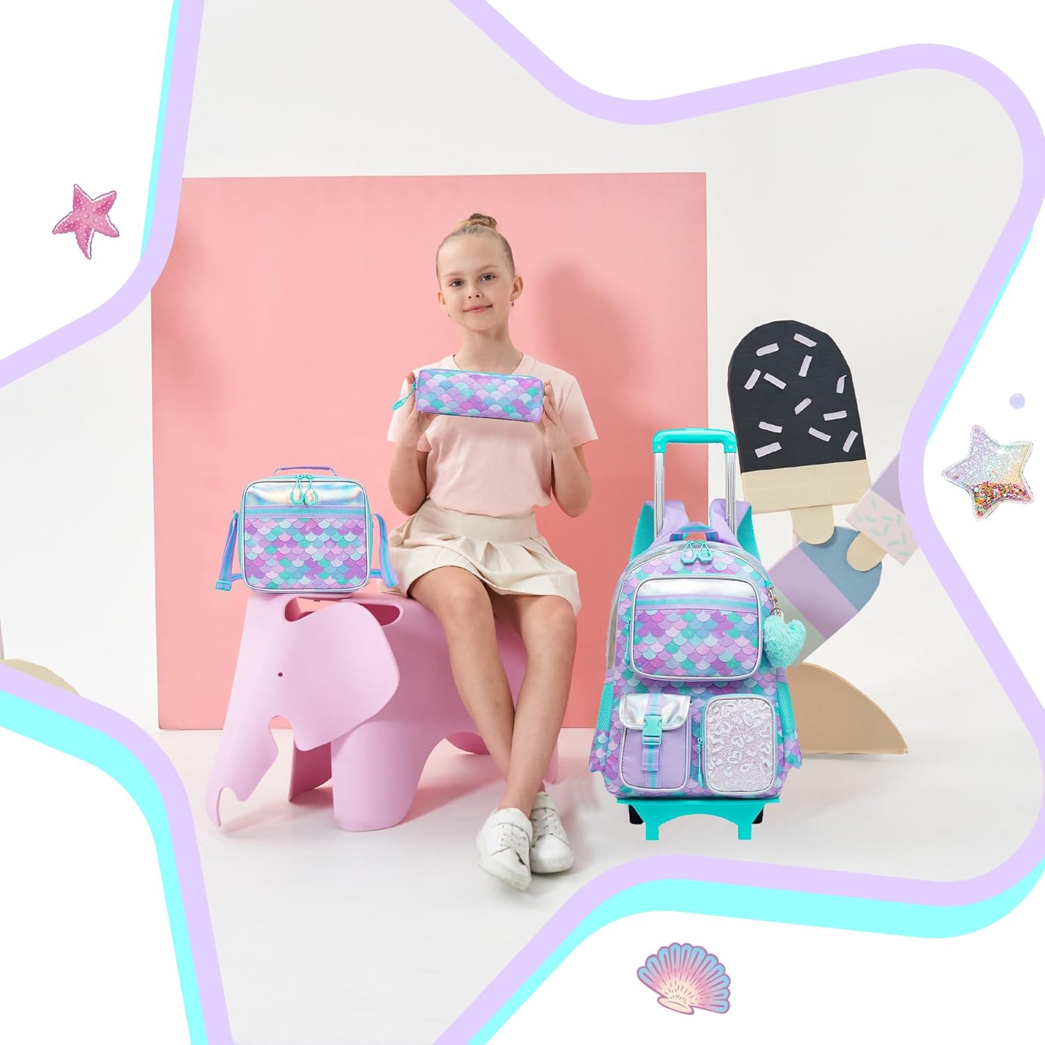 Meetbelify Backpack with Wheels for Girls Rolling Backpack Cute Carry on Backpack with Lunch Box for Elementary Student Teen Girls Luggage Travel Suitcase Girls 8-10 Mermaid