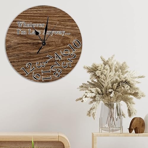 Vista 4 de Round Wall Clocks Whatever I'm Late Anyway Wood Wall Clocks Vintage Brown Wood Grain Distressed Clocks Battery Operated Rustic Shabby Wooden Clock