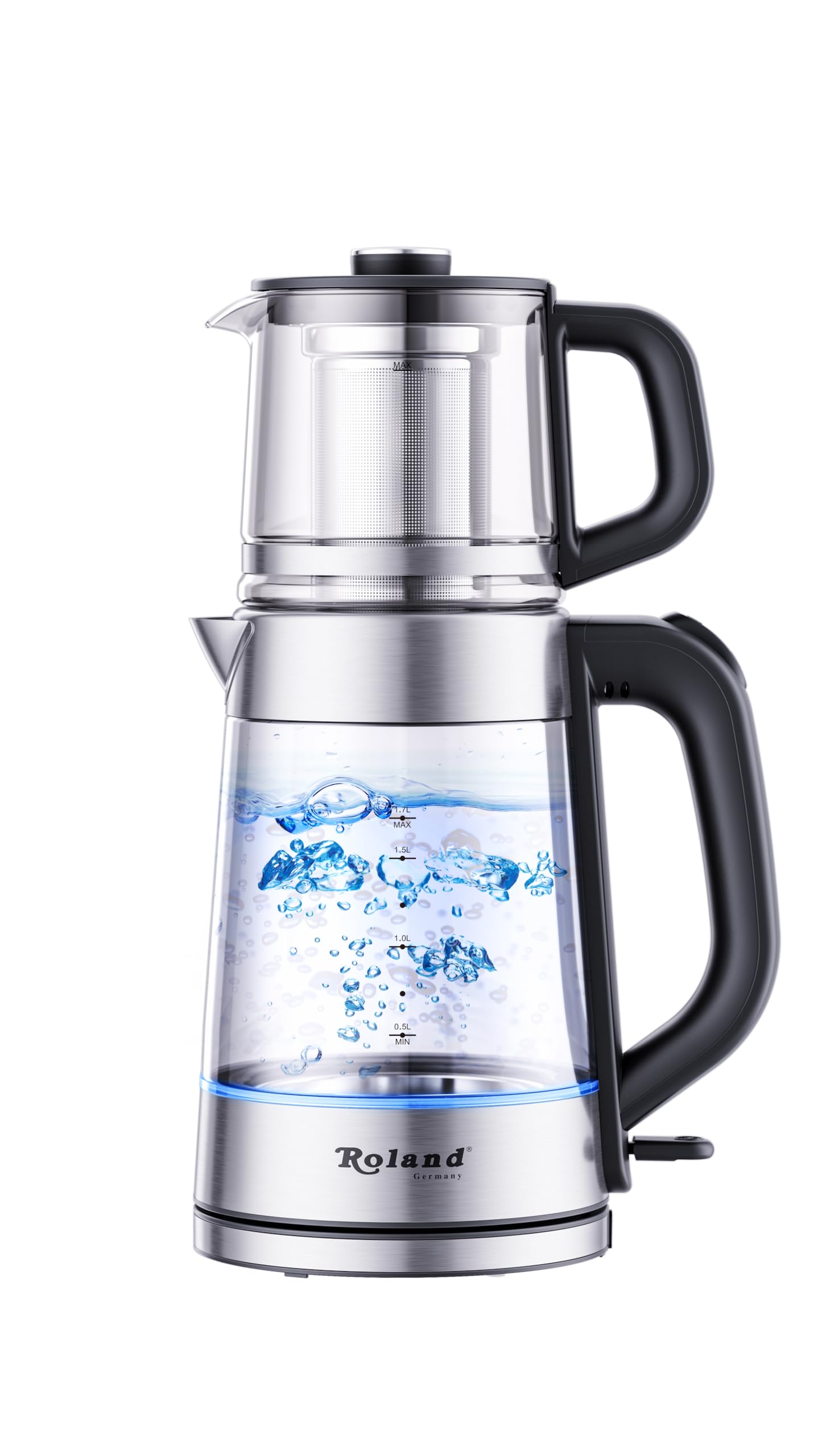 Roland Teekocher Teekanne – Elektrischer Wasserkocher 1,7L + Glas-Teekanne 1L mit Edelstahl-Teefilter, 360° drehbar, Automatische Abschaltung, Heißwasserspender, 2200W