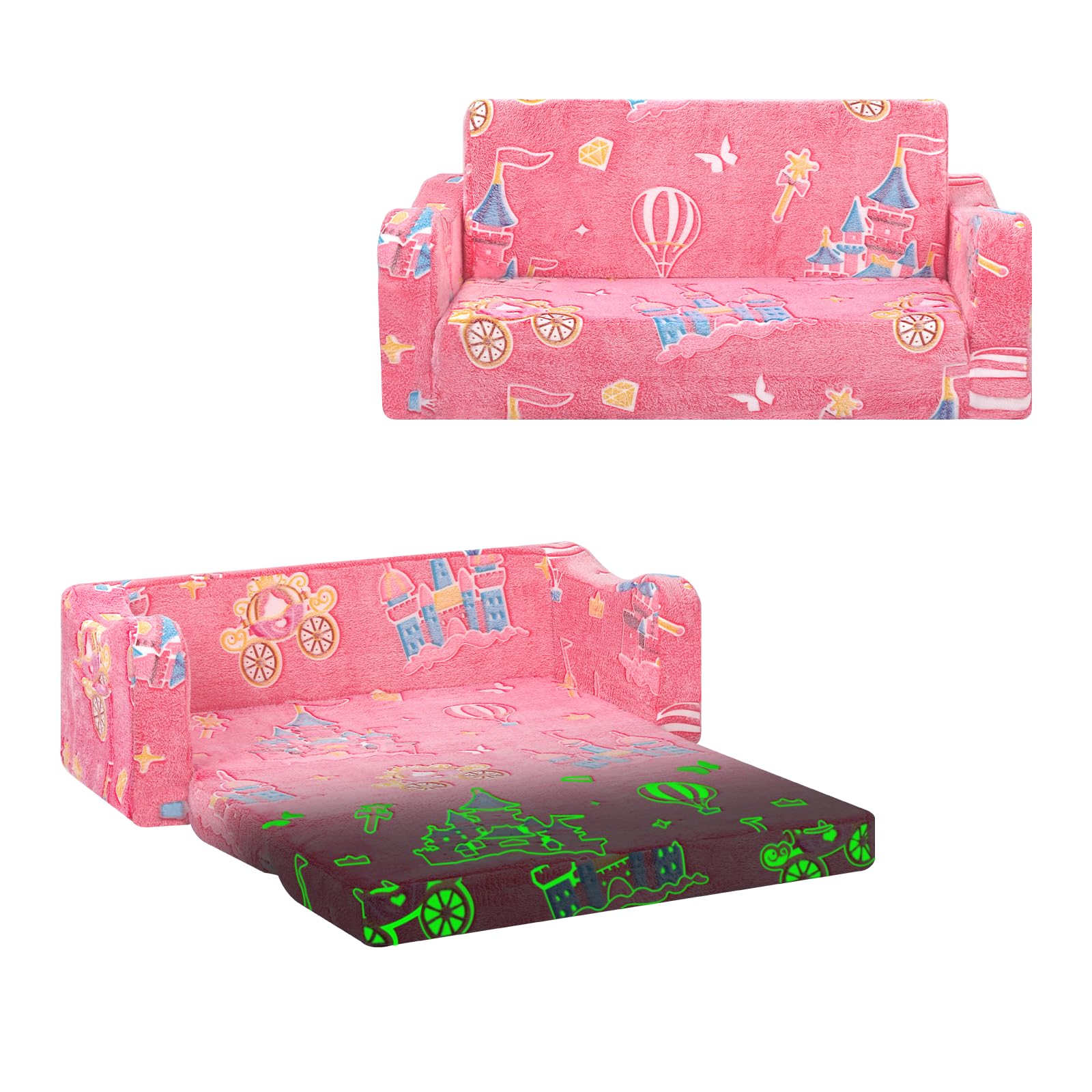 Pieghevole Divano Bambini 2-in-1, Poltroncina per Bambini Trasformabile in Lettino per Regalo Bambino,Stabile Sedia si illumina al Buio Camere da Letto, Soggiorno e Stanza per i Giochi,Castello