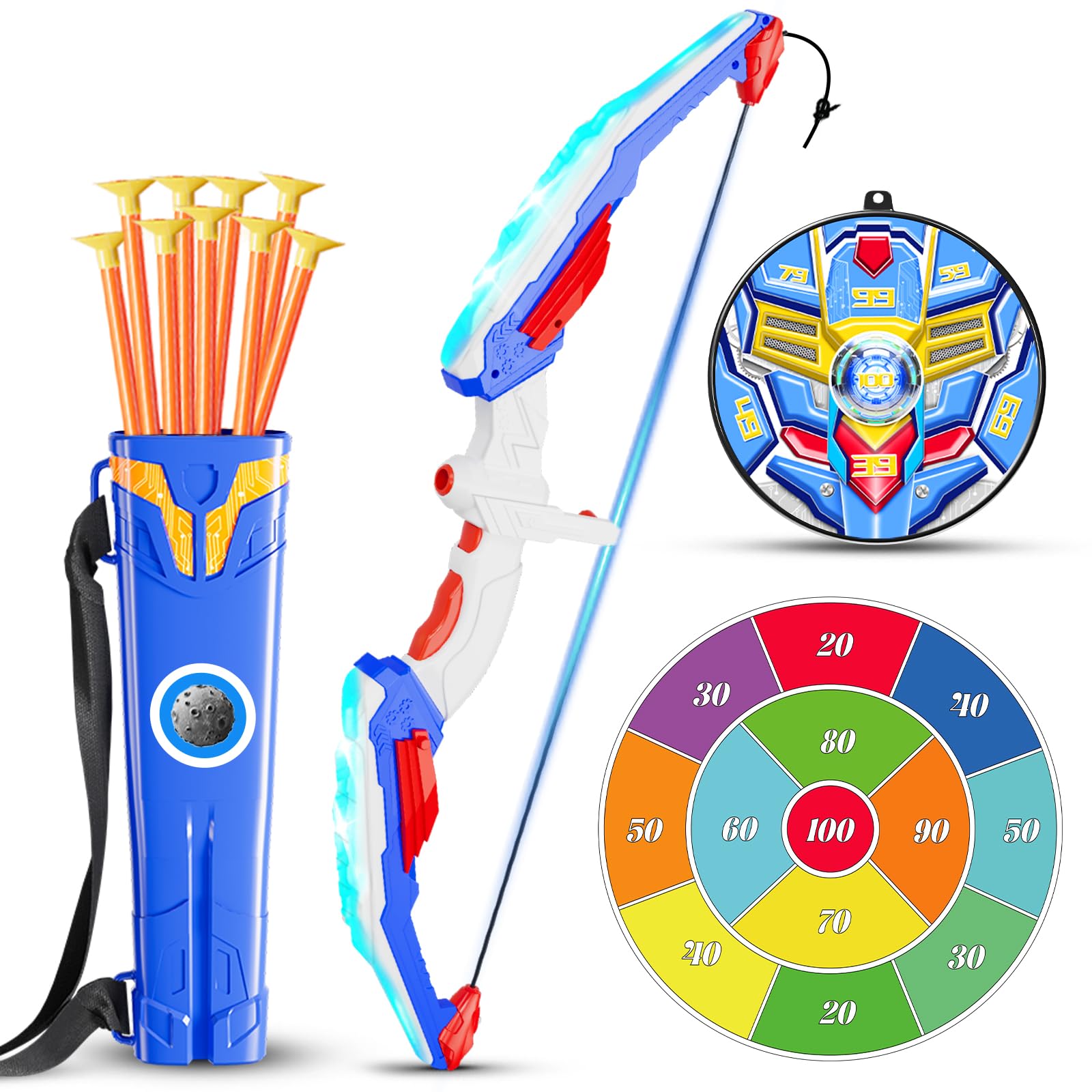 Led Licht Pfeil und Bogen Set mit Verstellbarer Bowstring für Kinder | ﻿ Bogenschießen Spielzeug mit 2 Zielscheibe 10 Saugnapfpfeile und Köcher Jardin Outdoor Spiele Geschenk für Jungen ab 3-12