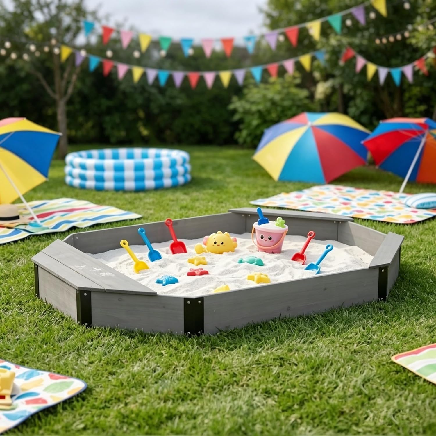 Hexagonal Sandbox with Built-in Bench Seats, Outdoor Wooden Sand Box for Backyard, Patio, Garden, Large Sand Play Area with Protective Liner, Open-Air Sandpit for Outdoor Leisure