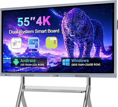 55 Inch Smart Board, 4K Ultra HD Smart Whiteboard, Interactive Electronic Whiteboard with 20-Point Touch, Digital Smartboard for Classroom, Office, and Home, Android & Windows Dual System