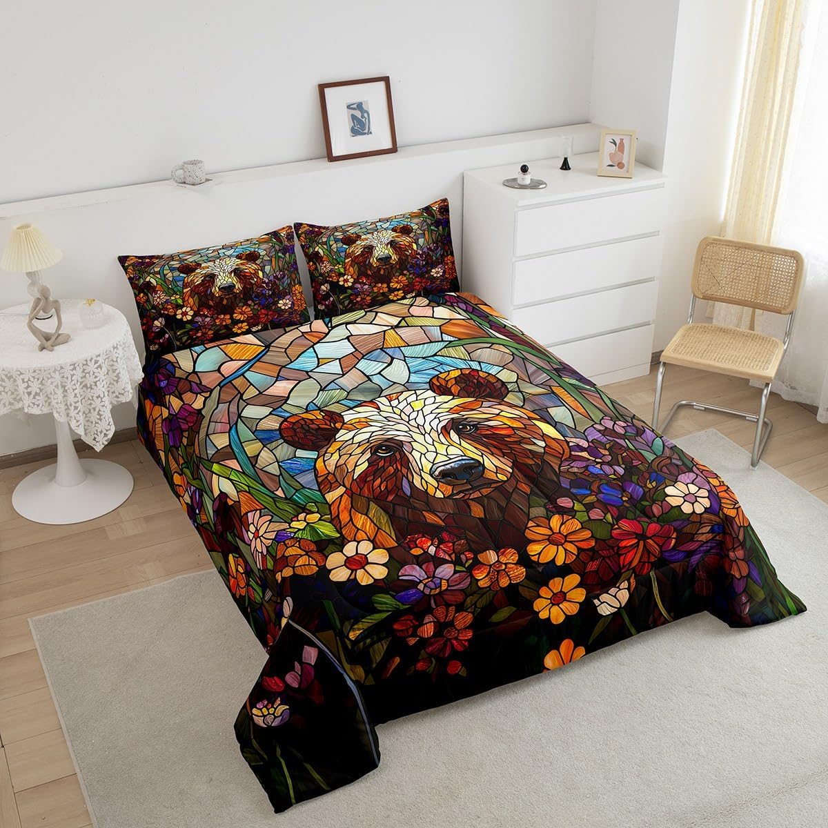 Wild Bear Kids Bedding Comforter Set Toddler,Vintage Farmhouse Animals Bedding Sets All Season,Geometric Patchwork Bedroom Quilt Set,Safari Animals Abstract Art Duvet Insert,1 Pillowcase