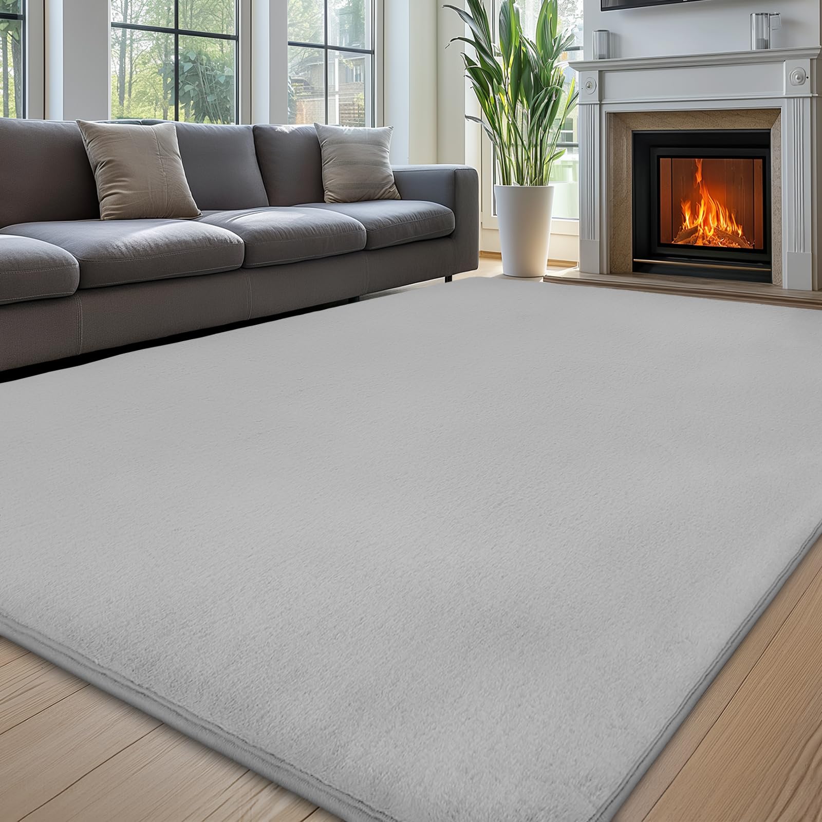 Sour Lemon Teppich, Wohnzimmer, 200 x 300 cm, grauer Kunsthasen-Teppich | Moderner großer, rutschfester Teppich, Kaninchenfell, fusselfrei, flauschig, Kurzflor-Teppich für Schlafzimmer, Kinderzimmer