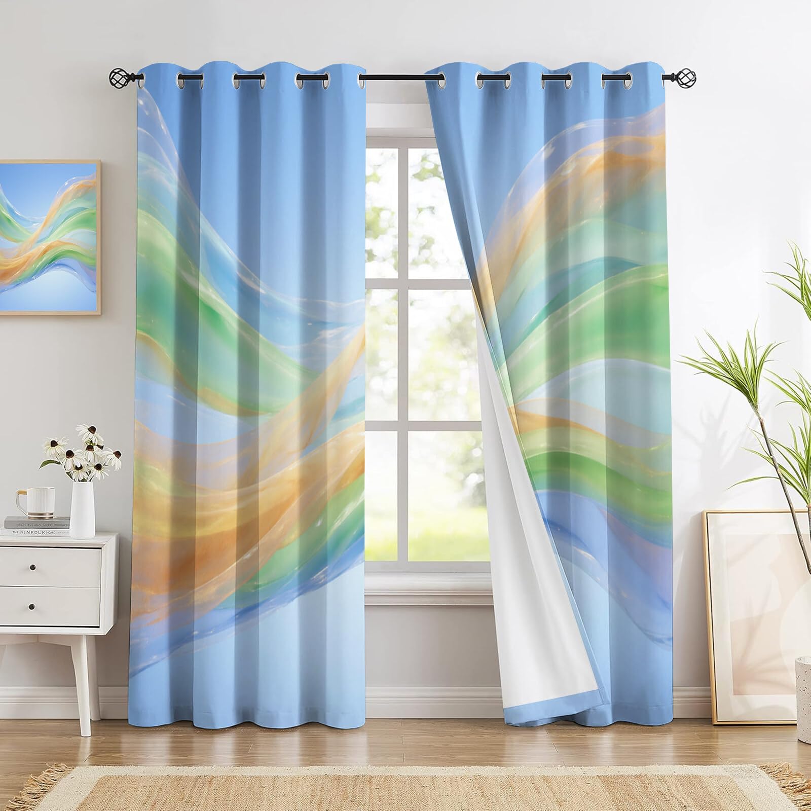 Isolanti Per Camera Da Letto Stampa 3D Curva D'Onda Blu-Verde 2 Pannelli 140X175Cm(L X A) Tende Soggiorno Astratto Moderno Decorazione Motivo Finestra Bambini Tenda Oscuranti Occhielli