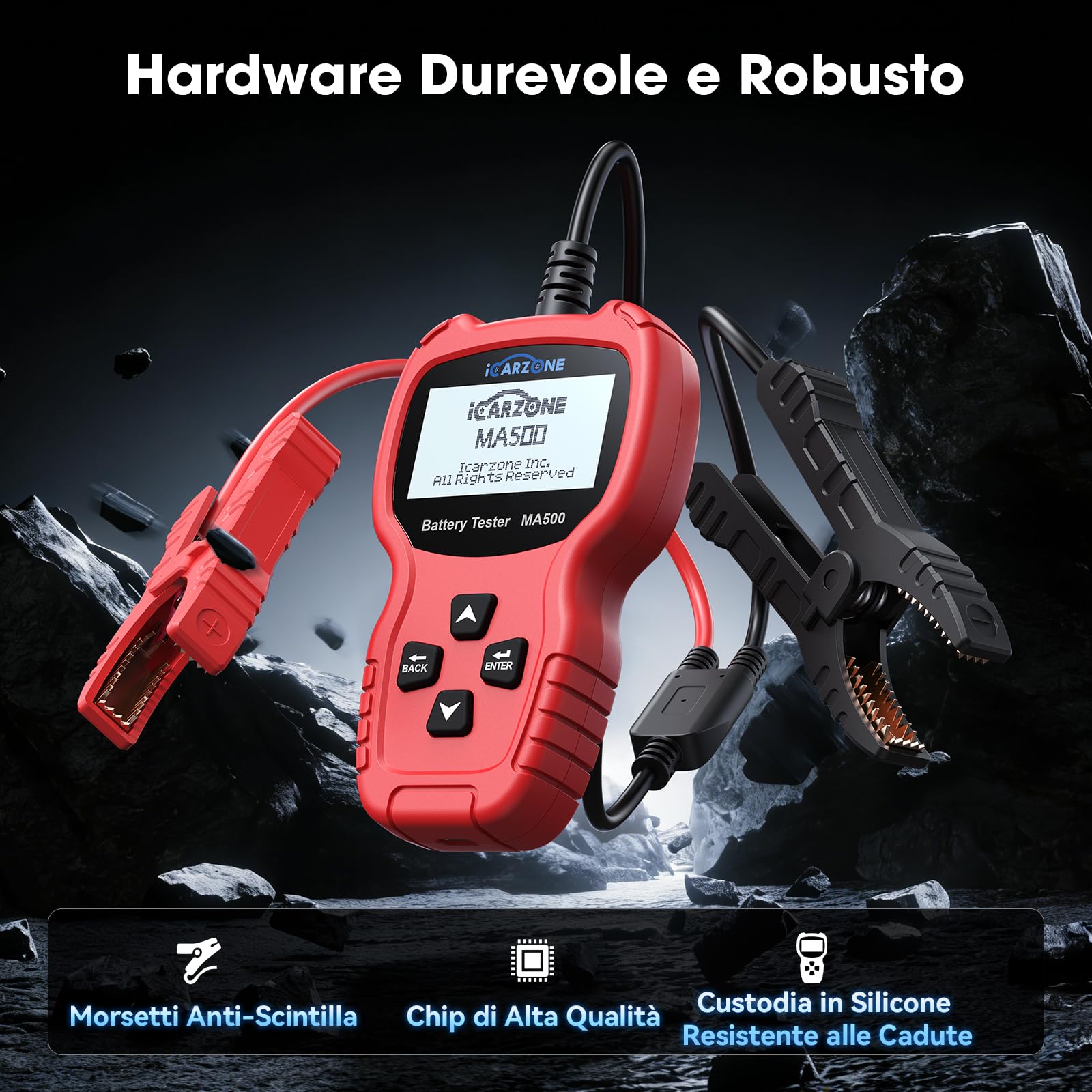 MA500 Tester Batteria Auto, Batterie Diagnostico Digitale 9V-30V per Alternatori 100-2000 CCA, Analizzatore di Ricarica e Avviamento per Auto, Camion, Moto, Barche, Camper, ATV e Yacht