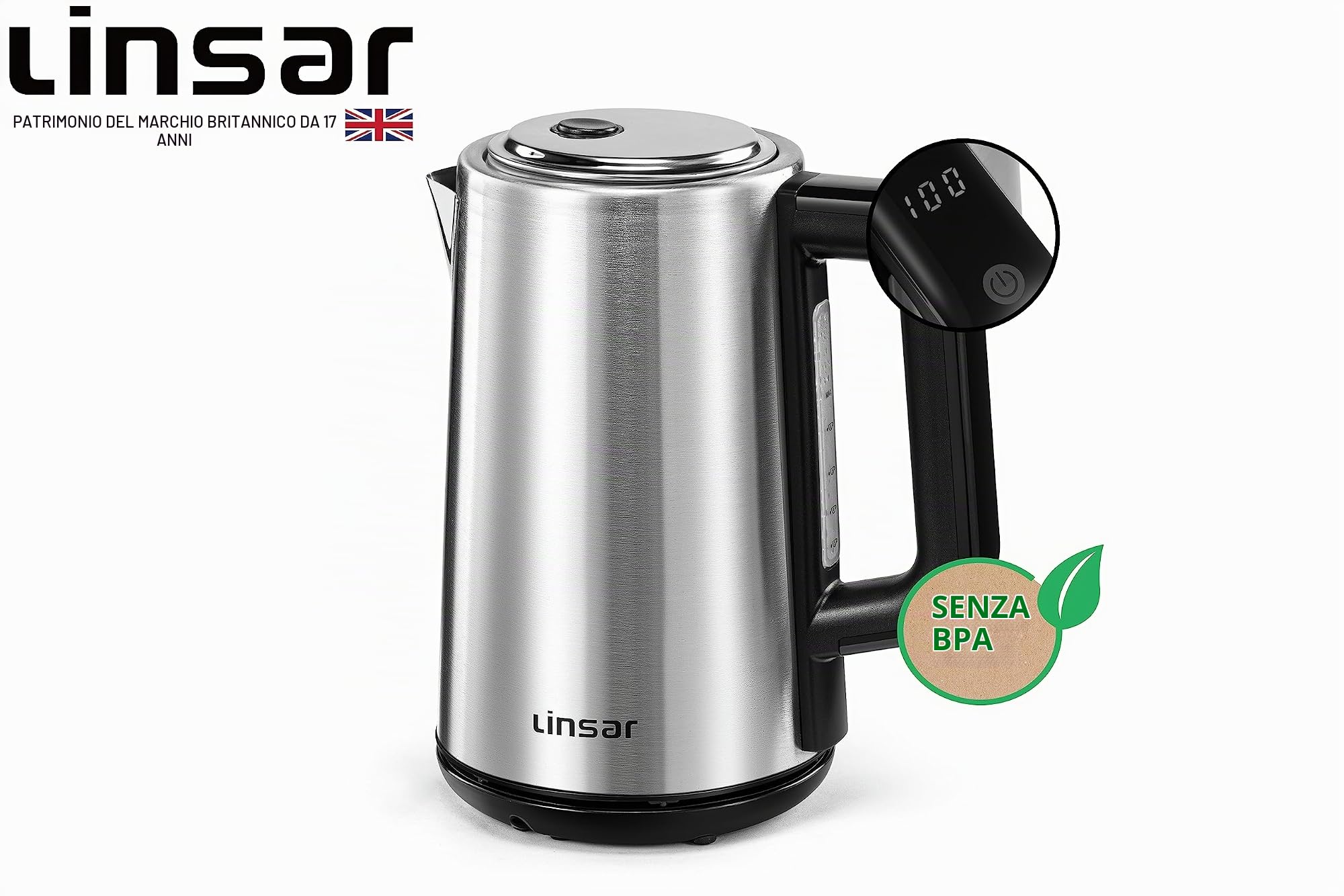 Linsar - Bollitore - Look acciaio inox - 1,7 litri - Con funzione touch, 5 impostazioni di temperatura, filtro anticalcare, spegnimento automatico e display digitale - 2200 watt (acciaio inox)