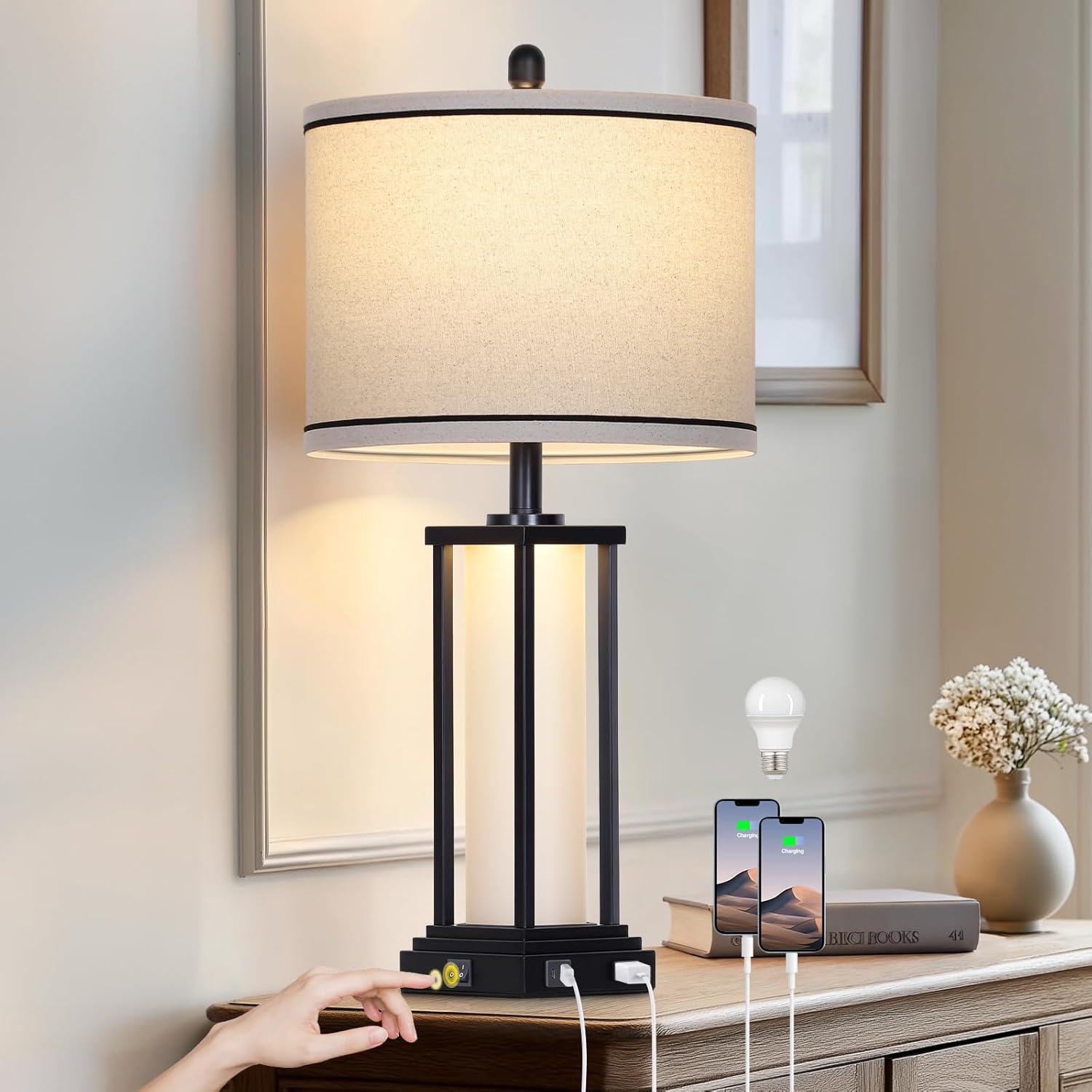 27in Tall Farmhouse Table Lamp with USB C+A & Outlet,Black Industrial End Table Lamp for Living Room,Vintage Rustic Bedside Lamp with Night Light for Bedroom Nightstand,Single Black