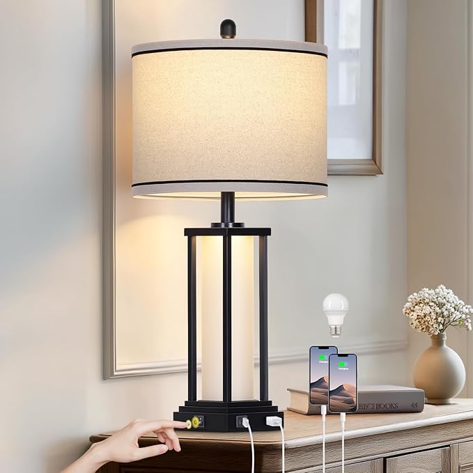 luxeflow 27in Tall Farmhouse Table Lamp with USB C+A & Outlet,Black Industrial End Table Lamp for Living Room,Vintage Rustic Bedside Lamp with Night Light for Bedroom Nightstand,Single Black