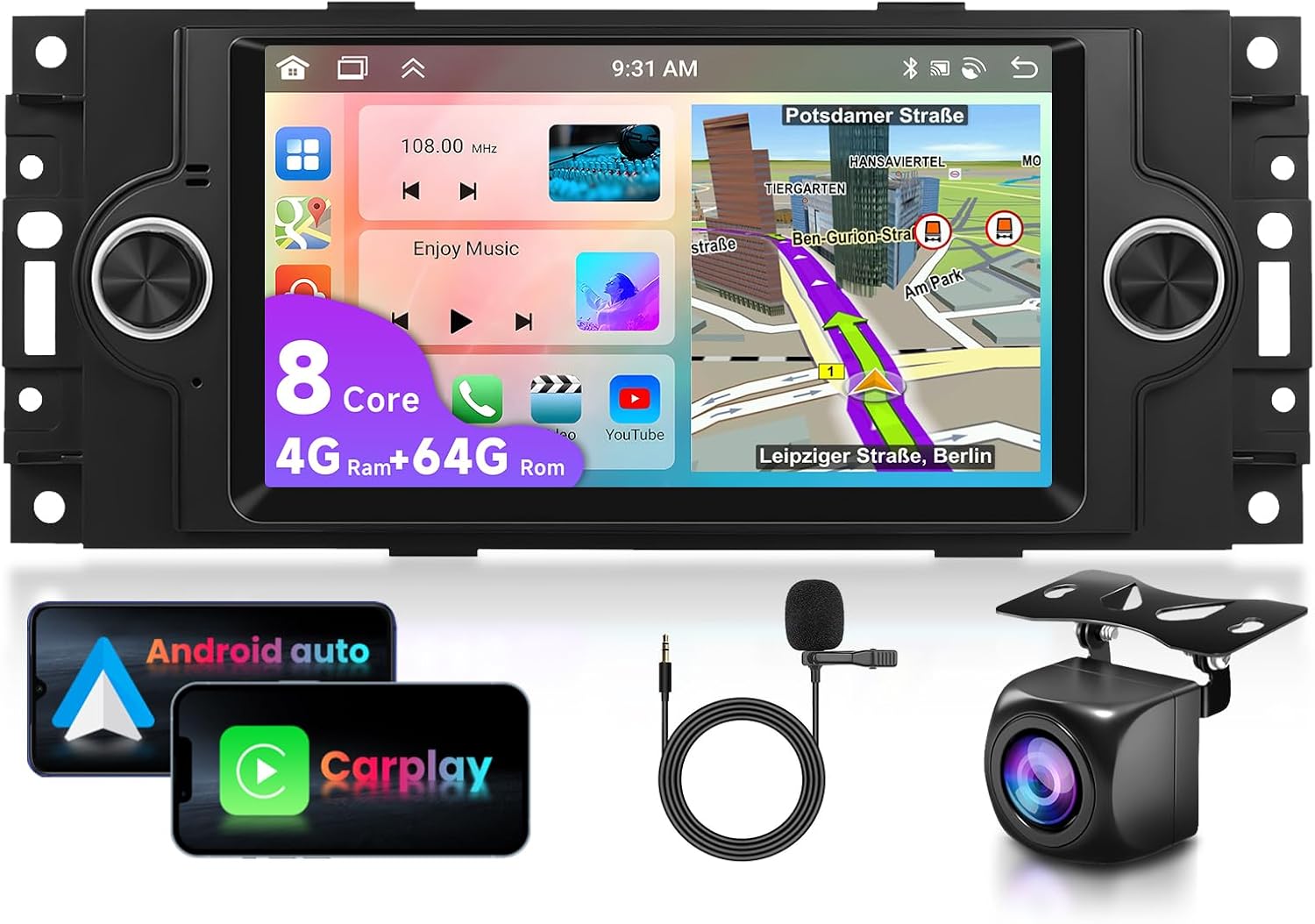 VECHTEL 4 G + 64 G Car Radio for Jeep/Chevrolet/Chrysler/Dodge 8 Core 6.2 Inch HD IPS Touchscreen Car Radio with DSP Carplay Android Car GPS Wi-Fi Bluetooth FM RDS Radio Reversing Camera