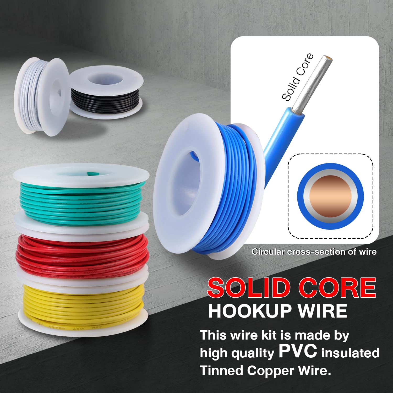 TMH 22 AWG “Solid” Hookup Wire Kit, 6 Color Electrical Wires (25ft Each), Tinned Copper, 300V PVC Insulation – DIY Projects, Automotive, STEM & Electronics Repair