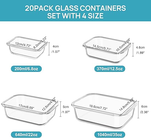 Miniatura 2 de Vtopmart Paquete de 20 recipientes de vidrio para almacenamiento de alimentos con tapas, recipientes para preparación de comidas, recipientes