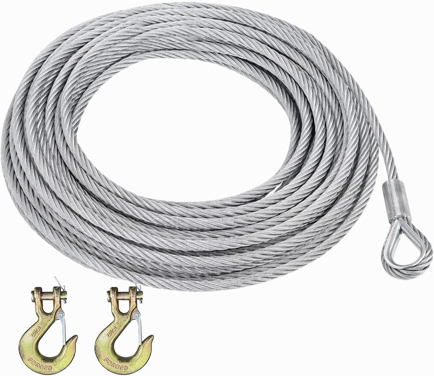 3/8" x 50ft Heavy Duty Winch Cable - 7x19 Stranded Galvanized Steel Wire Rope with 2 G70 U-Clamp Slide Hooks, 13980 lbs Breaking Strength Towing Cable for Tow Truck, Wrecker, Offroad Recovery