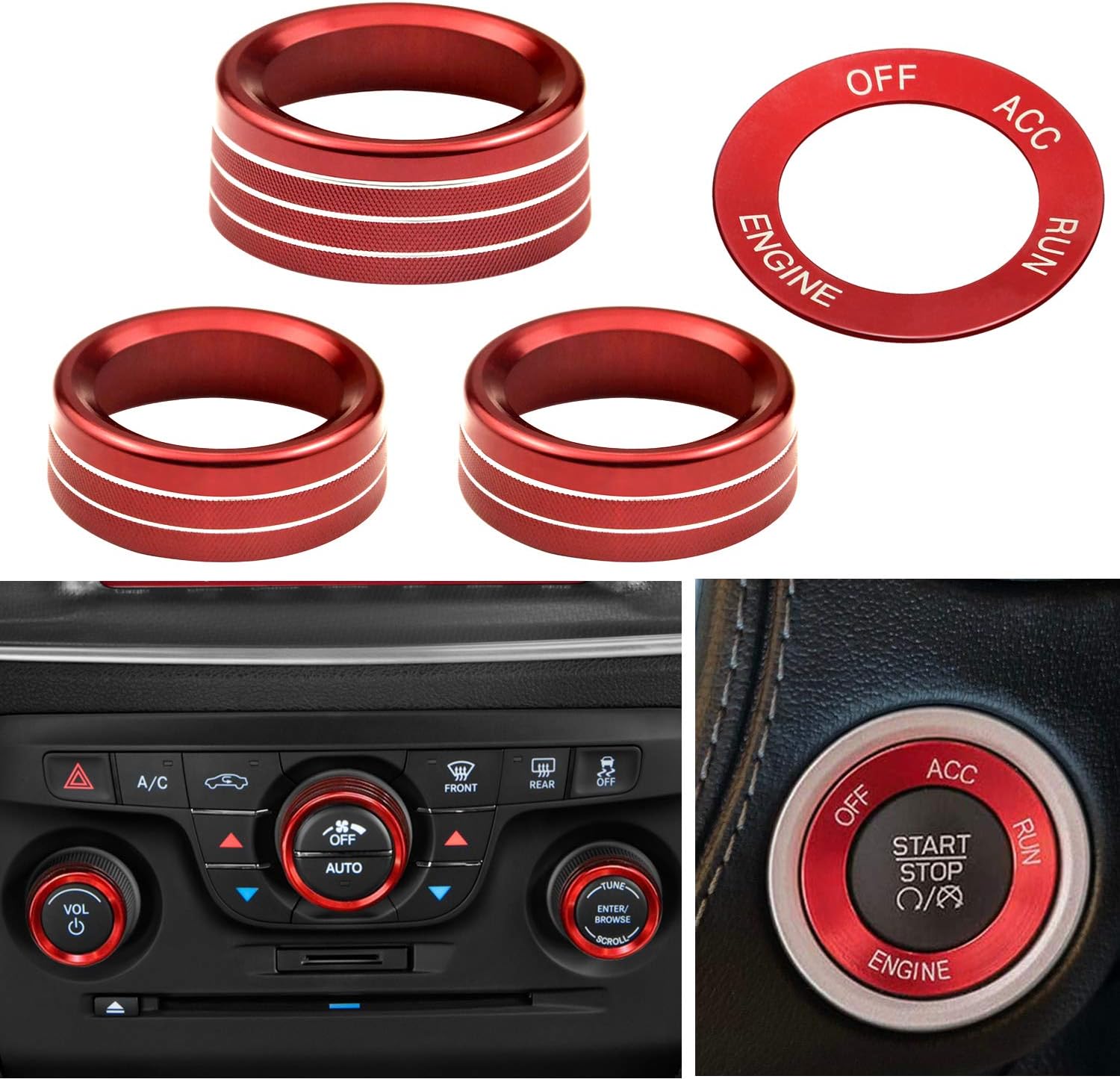 for Challeger Air Conditioner Turn Signal Light Climate Volume Auto Center Console Knob Ring Compatible with Dodge Challenger/Charger/Chrysler Stop Start Button Sticker 2015-2019 (Green)