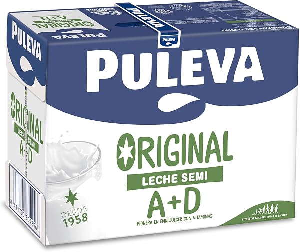 Puleva Original - Leche Semidesnatada con Vitaminas A y D - Sin Azúcar Añadido y Sin Gluten - Brik UHT Pack 6 x 1L - 3