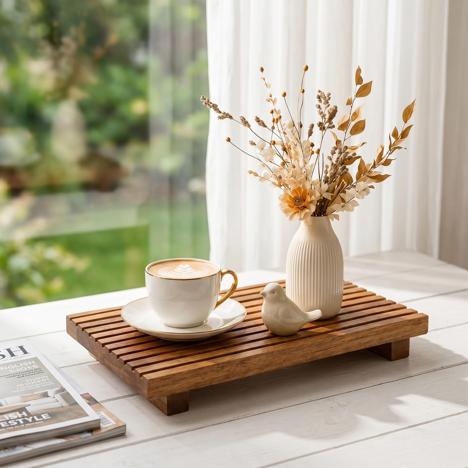 Acacia Wood Pedestal Stand for Bathroom Tray Organizer Kitchen Counter Decor Sink Candle Holder Decorative Wooden Display Risers for Kitchen Soap Tray Large Vanity Bathroom Counter Sink Trays