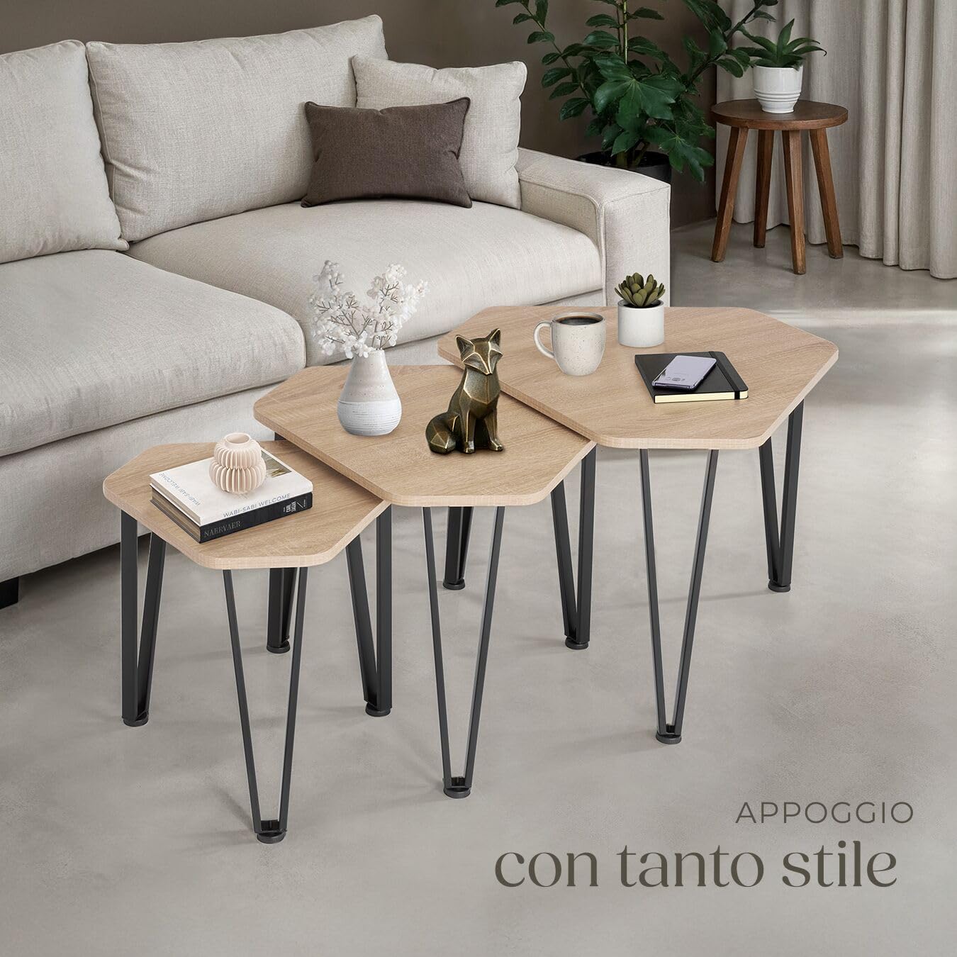 tectake 801115 Set tavolini Torquay, Piedi in plastica regolabili in altezza, Facile da curare (Industriale legno chiaro, rovere Sonoma)