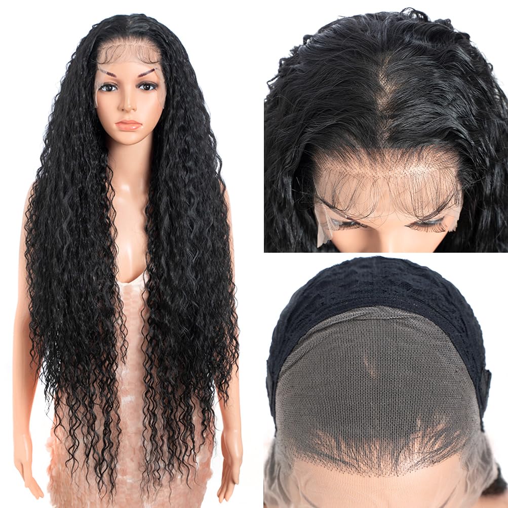 Style Icon 36” Super Long Curly Wig Easy 360 Lace Front Black Wig 13x4 Pre-Plucked Hairline Free Part Full Frontal With Baby Hair Heat Resistant(36", 1B)