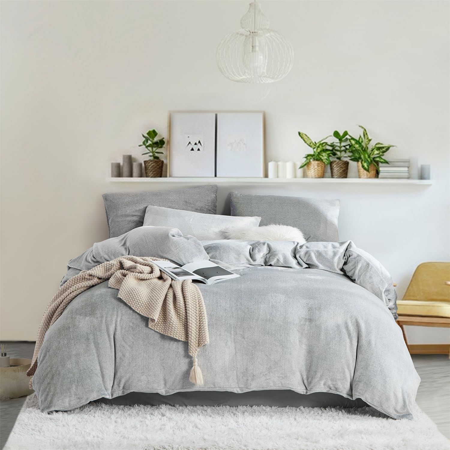 Fluffy Velvet Duvet Cover Set Light Grey Twin Size Fall Winter Soft Warm Flannel Comforter Cover Silver Gray 68" x 90" Luxury Cozy Plush Fleece Reversible Bedding Duvet Cover Set Gray 2pc