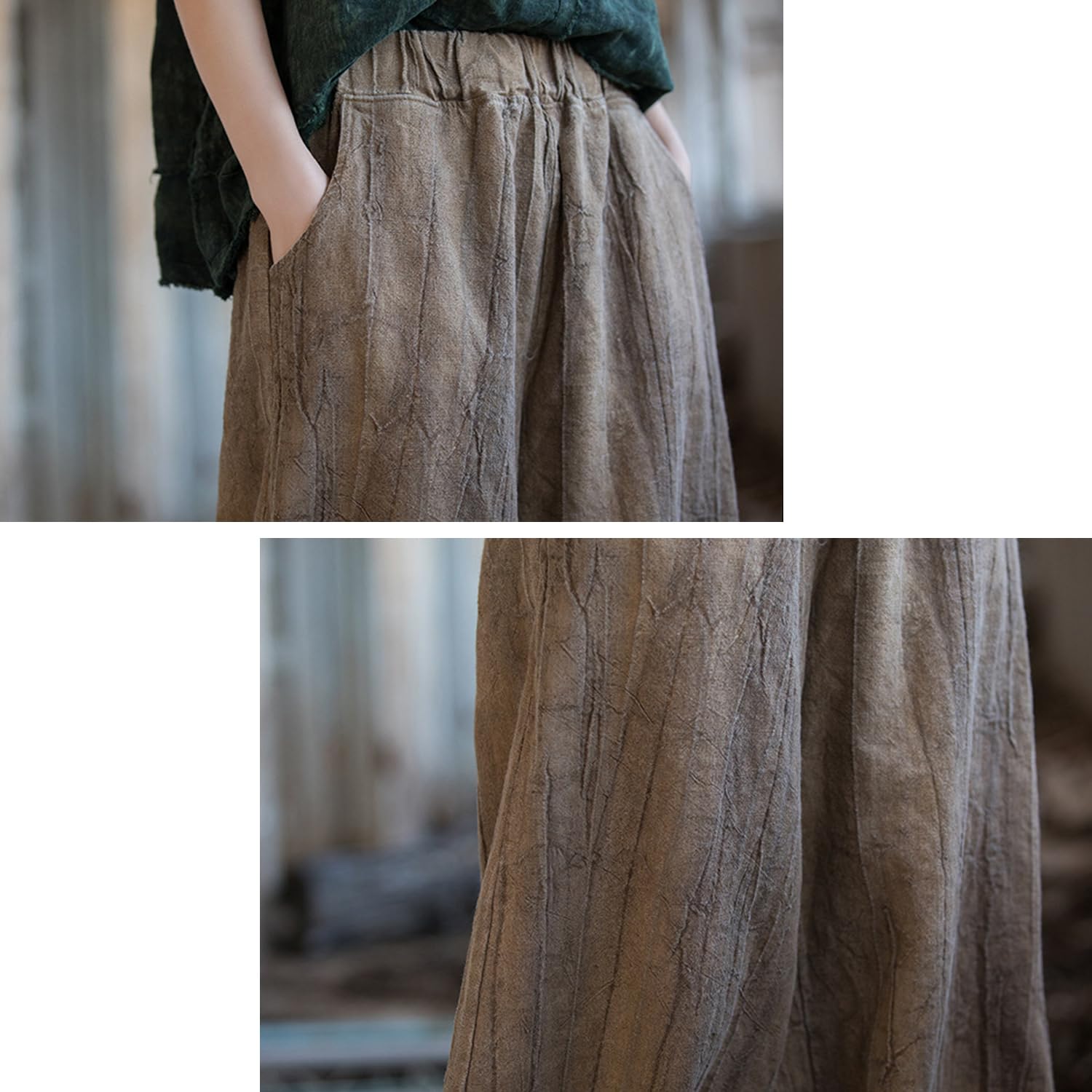 Pantalon Sarouel pour Femme avec Poches – Pantalon Extensible en Mélange Coton et Ramie, Idéal pour Le Sport ou la Détente