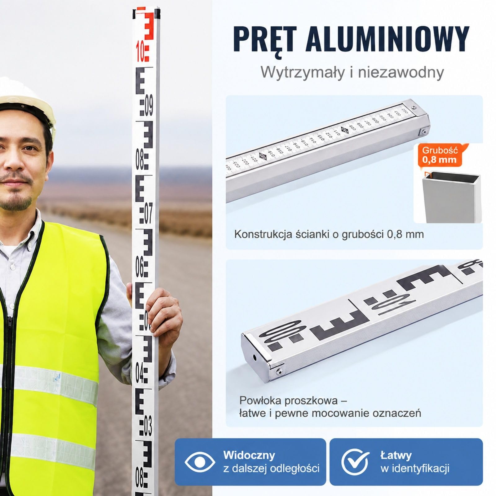 Aluminiowa łata pomiarowa, 5-metrowa teleskopowa łata pomiarowa, dwustronna skala cm/mm, łata niwelacyjna, aluminiowa łata geodezyjna z poziomicą i torbą transportową do pomiaru domów, ścian, pod