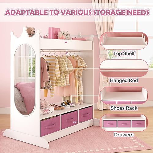 Miniatura 7 de JOYLDIAS - Armario de almacenamiento para niños con espejo y cajones, armario de almacenamiento para niños, armario de disfraces con estante