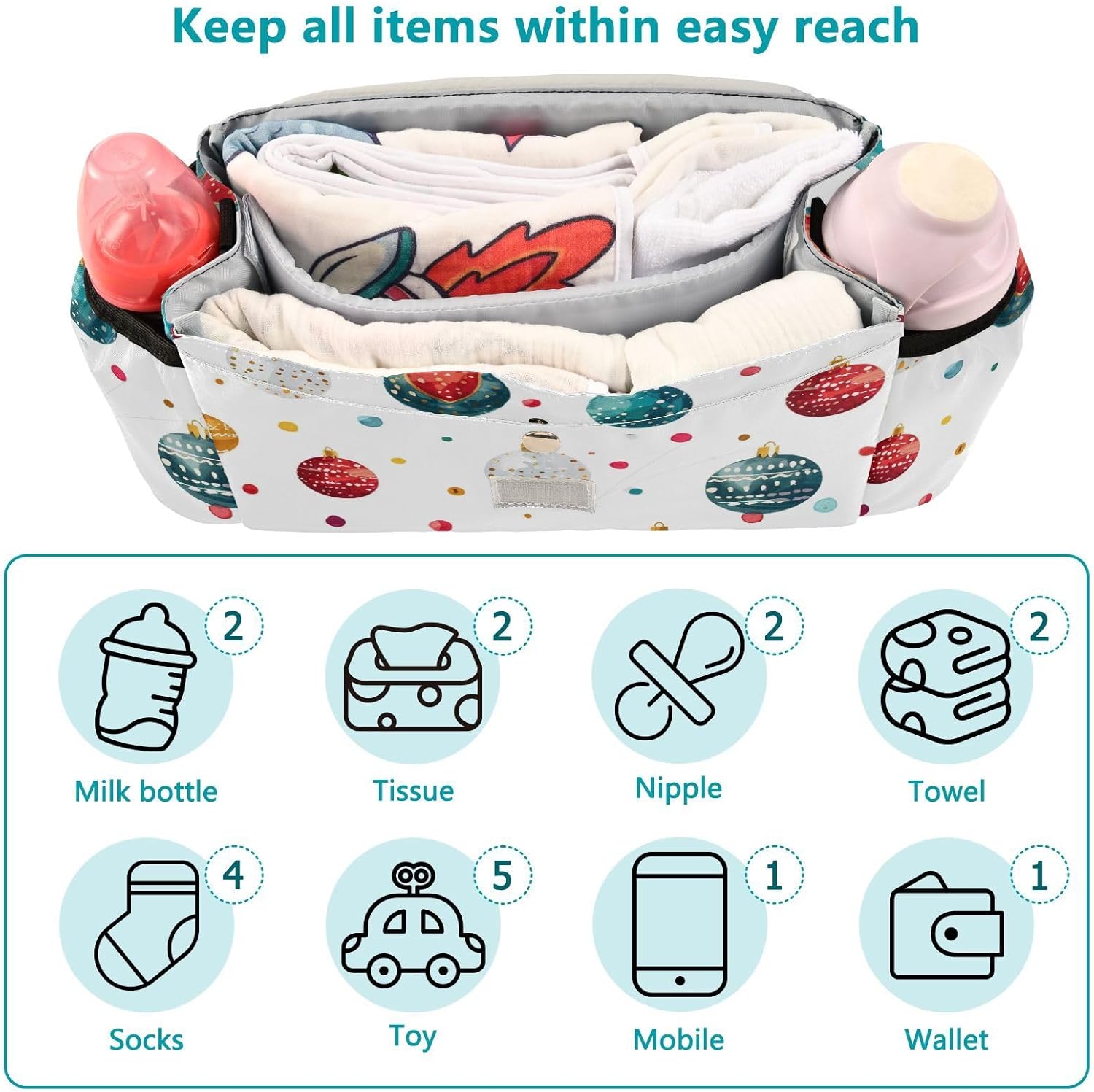 Circles with Christmas Elements on White Background baby stroller organizer bag stroller caddy with cup holders zippered pocket accesorios para