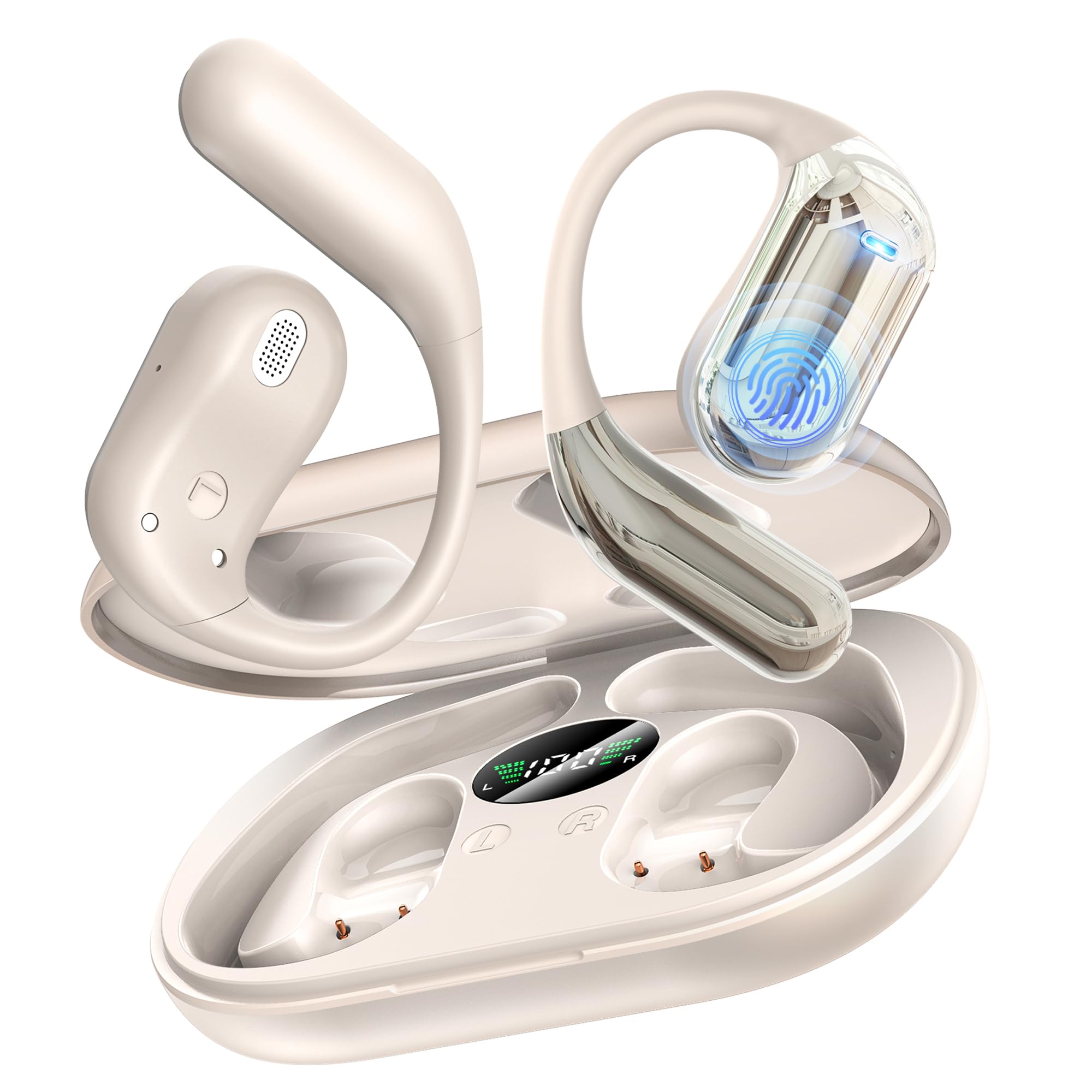 Cuffie Bluetooth Auricolari Bluetooth 5.4, Sport Cuffiette Wireless, Cuffie Open Ear 48 Ore di Riproduzione, Cuffie Senza Filo HiFi Stereo IP7 Impermeabili, Auricolare per iOS & Android, Beige Sabbia