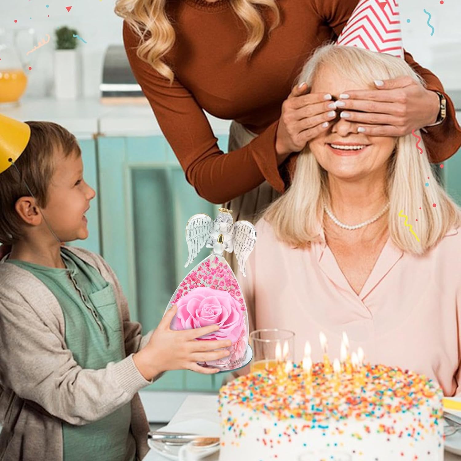 Valentines Day Rose Gifts for Her Women Mom Birthday Flowers for Delivery Preserved Flowers Forever Eternal Rose in Glass Angel Figurine, Valentine Gifts for Women Her Daughter Wife Girlfriend, Pink - Image 5