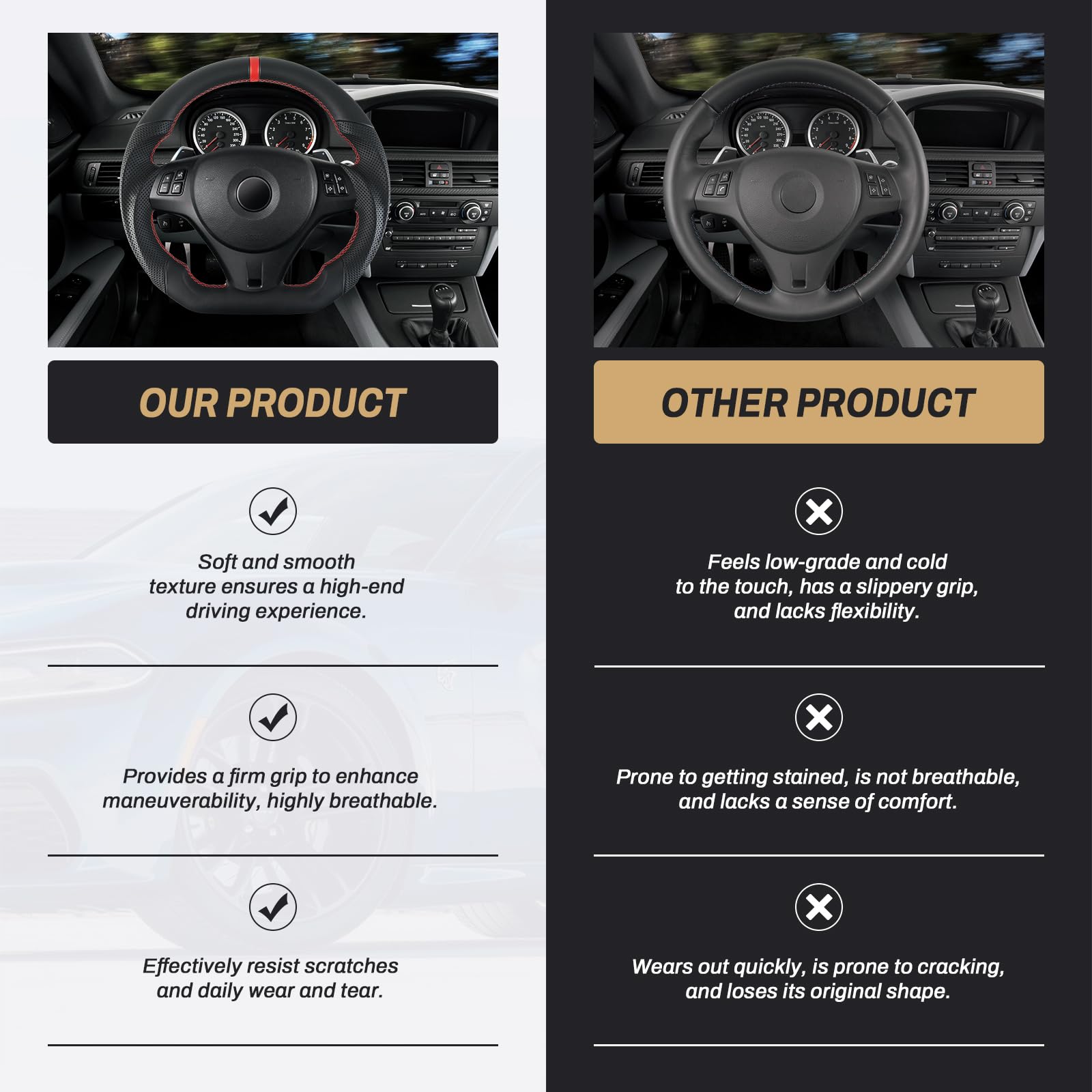 Vollleder - Lenkrad Anti-Rutsch-Ledergriff D-förmig flache Unterseite Lenkrad mit roten Nähten für BMW M Sport 1/3 Series M3/E88 E90 E91 E92 E93 2005-2012